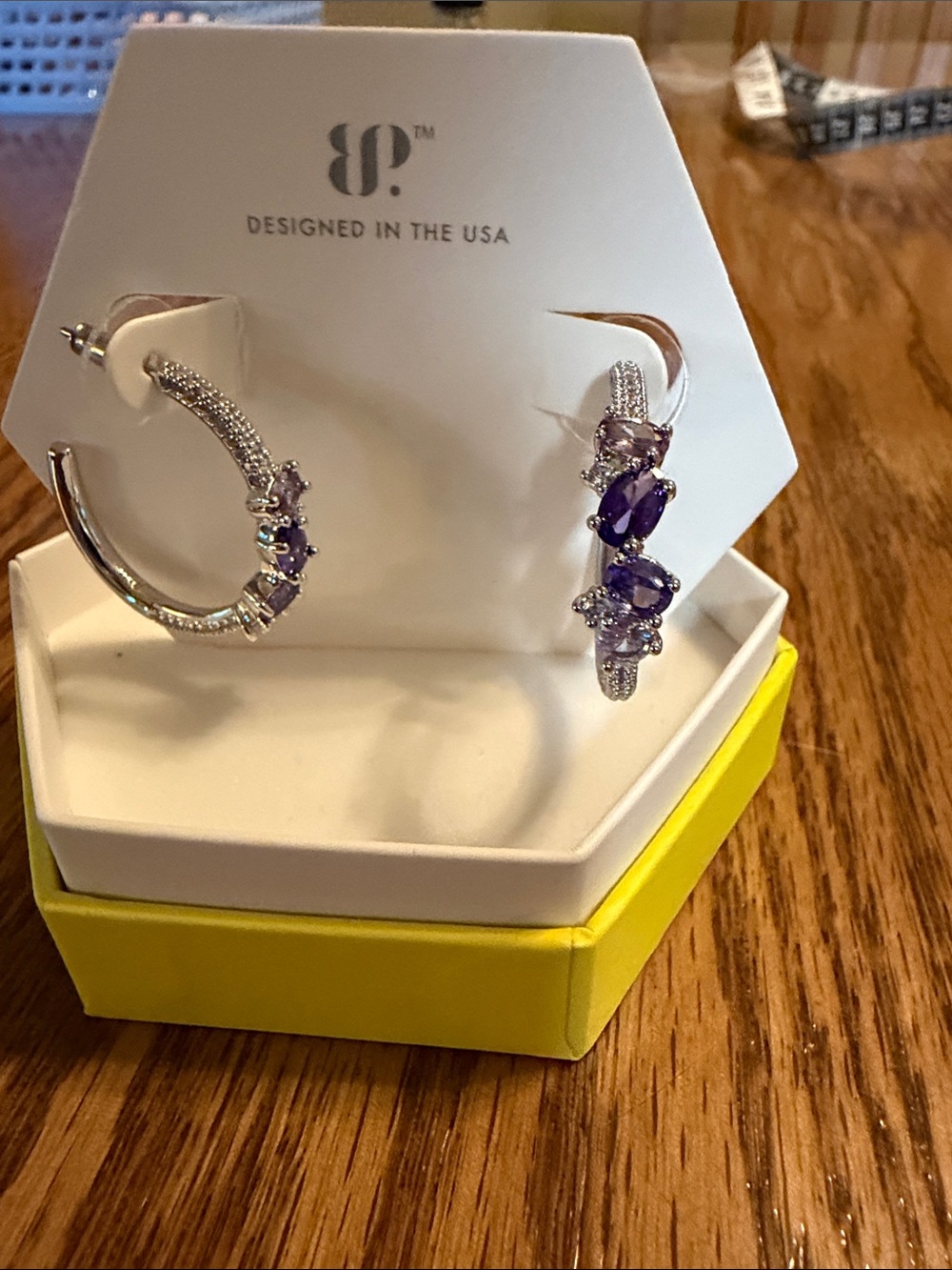 Bomb Party Silver Hoop Earrings with Purple Crystals